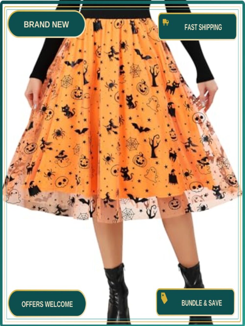 Halloween Tulle Mesh Midi Skirt Elastic Waist Funny Print Women's Party Skirt